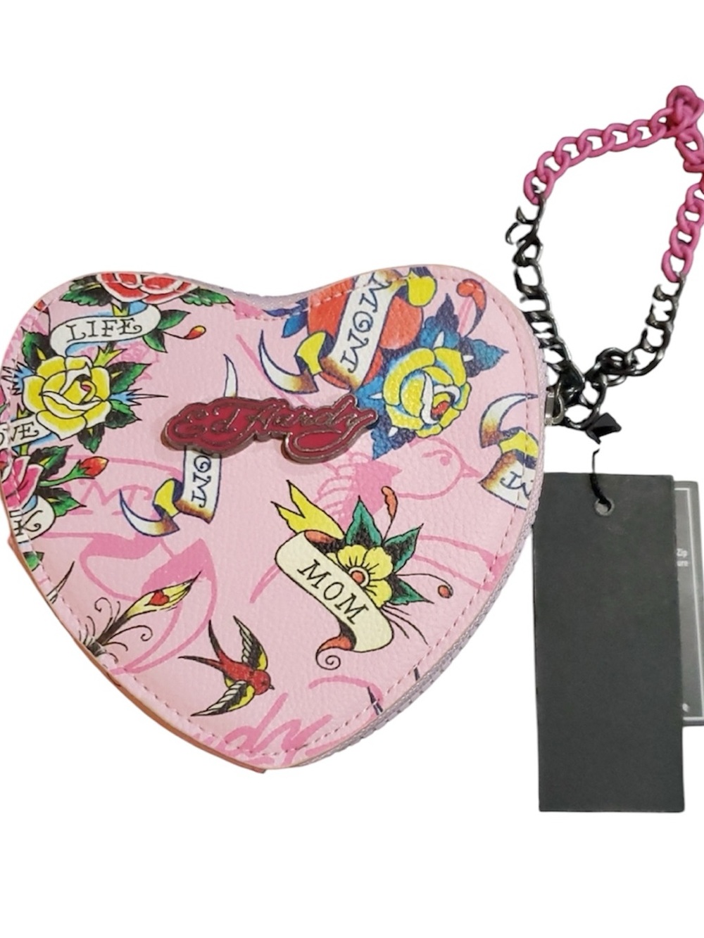 NWT Ed Hardy Pink Design Mom Monogram heart shaped wristlet wallet $30
